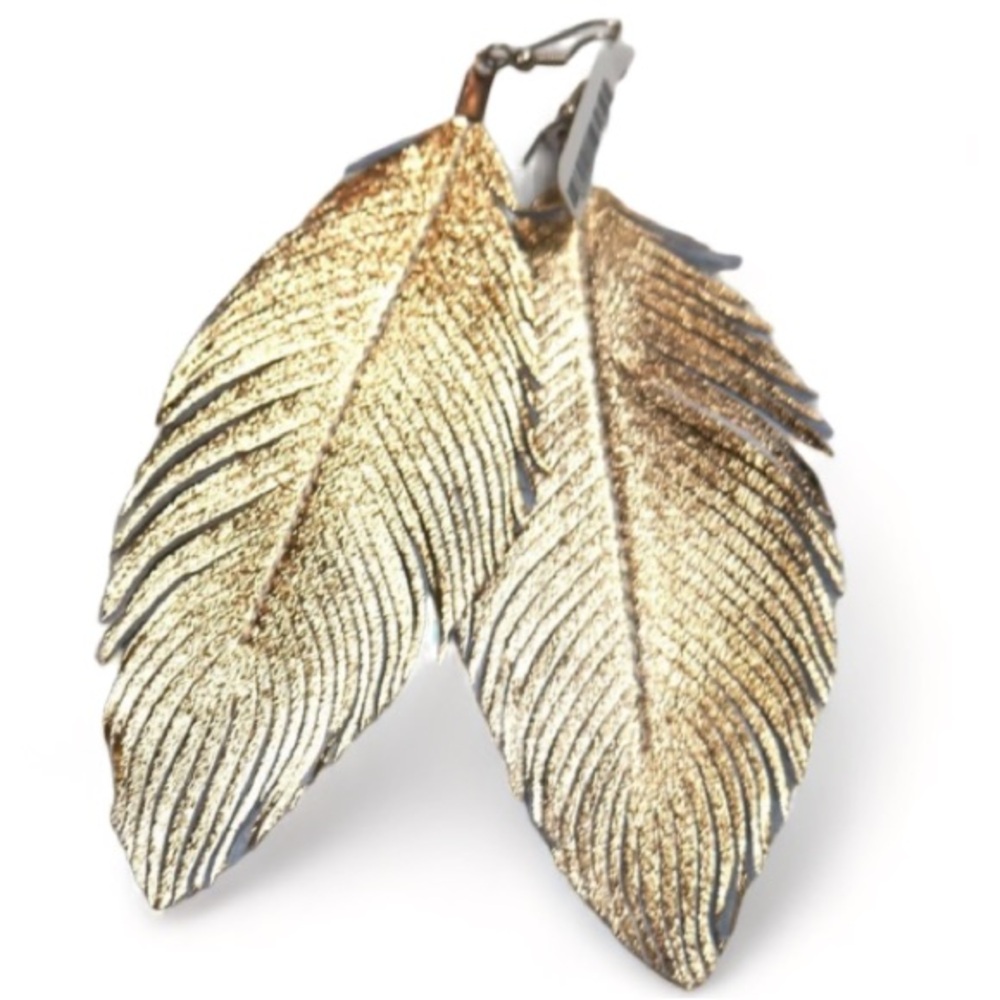 Gold Feather Metallic Artisan Earrings Genuine Soft Leather Size Approx 4” NIB